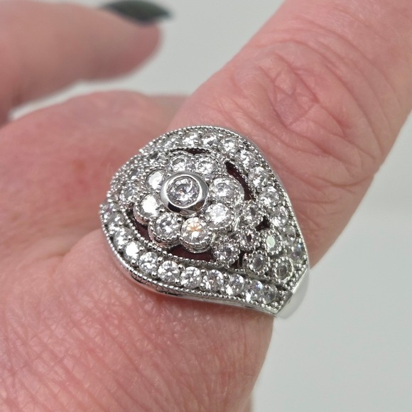 Vintage Sterling Silver Rhodium CZ Flower Dome Cocktail Statement Ring Size 8
